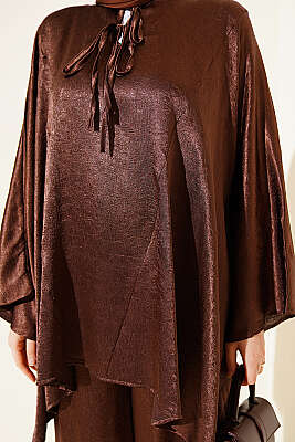 Yarasa Kol V Yaka Saten İkili Takım Kahve - İkili Takım