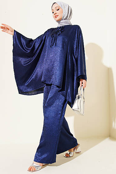 Yarasa Kol V Yaka Saten İkili Takım Lacivert - İkili Takım