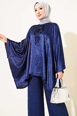 Yarasa Kol V Yaka Saten İkili Takım Lacivert - İkili Takım