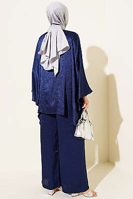 Yarasa Kol V Yaka Saten İkili Takım Lacivert - İkili Takım