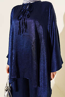 Yarasa Kol V Yaka Saten İkili Takım Lacivert - İkili Takım