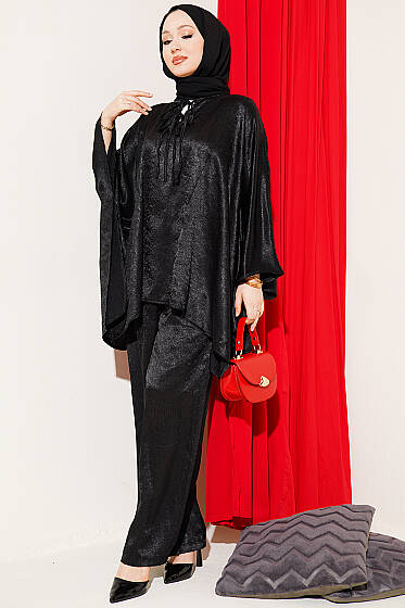 Yarasa Kol V Yaka Saten İkili Takım Siyah - İkili Takım