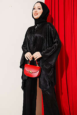 Yarasa Kol V Yaka Saten İkili Takım Siyah - İkili Takım