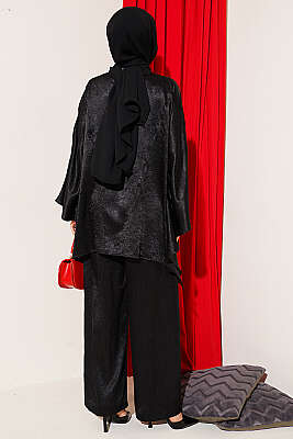 Yarasa Kol V Yaka Saten İkili Takım Siyah - İkili Takım