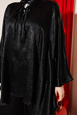 Yarasa Kol V Yaka Saten İkili Takım Siyah - İkili Takım