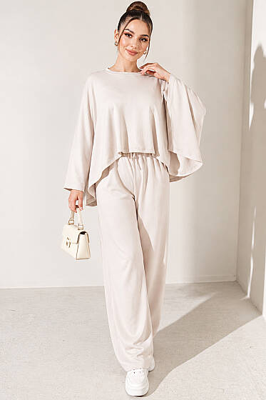 Yarasa Kollu Bluz İkili Takım Bej - Kadın Giyim Modelleri