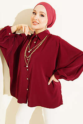 Yarasa Kollu Oversize Gömlek Bordo - MD TREND