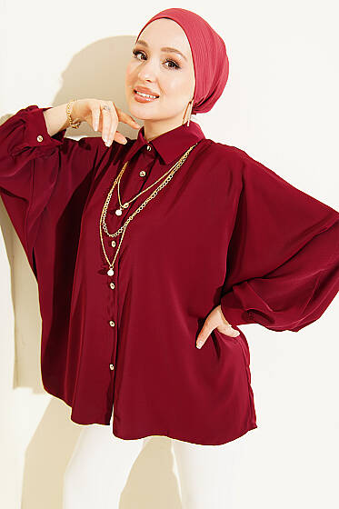 Yarasa Kollu Oversize Gömlek Bordo - Gömlek