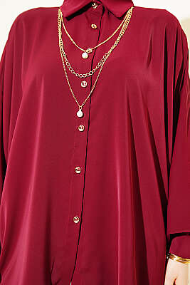 Yarasa Kollu Oversize Gömlek Bordo - Gömlek
