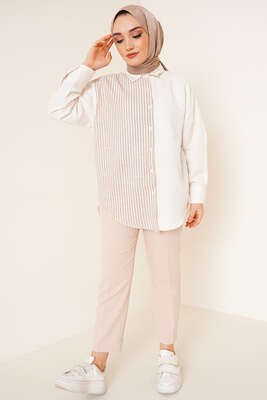 Yarı Diket Çİzgili Keten Gömlek - Gömlek