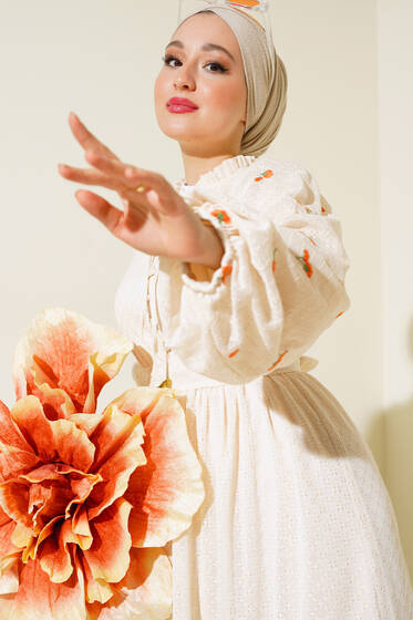 Yarı Düğmeli Yakası İp Bağlamalı Elbise Ekru Oranj - Tesettür Elbise