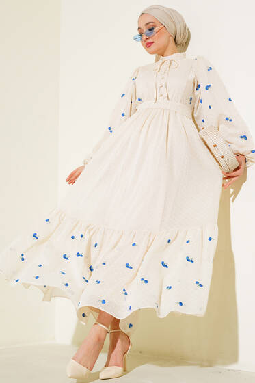 Yarı Düğmeli Yakası İp Bağlamalı Elbise Ekru Saks - Tesettür Elbise