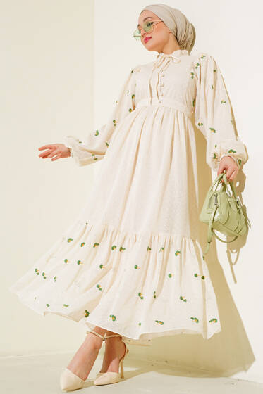 Yarı Düğmeli Yakası İp Bağlamalı Elbise Ekru Yeşil - Tesettür Elbise