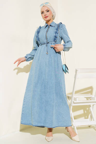 Yarı Fermuarlı Kot Elbise Kot Mavisi - Elbise