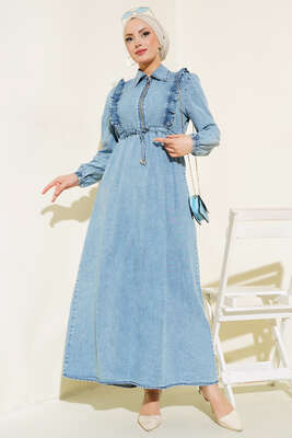 Yarı Fermuarlı Kot Elbise Kot Mavisi - Tesettür Elbise