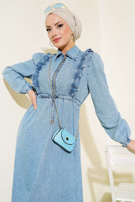 Yarı Fermuarlı Kot Elbise Kot Mavisi - Tesettür Elbise