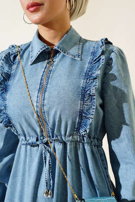 Yarı Fermuarlı Kot Elbise Kot Mavisi - Tesettür Elbise