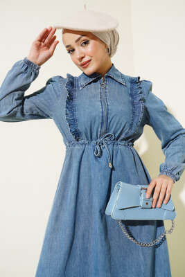 Yarı Fermuarlı Kot Elbise Kot - Tesettür Elbise