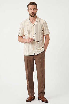 Yarı Oversize Çizgili Erkek Gömlek Bej - Erkek Gömlek