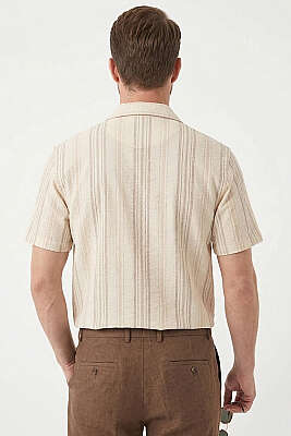 Yarı Oversize Çizgili Erkek Gömlek Bej - Erkek Gömlek