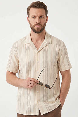 Yarı Oversize Çizgili Erkek Gömlek Bej - WİPEOUT