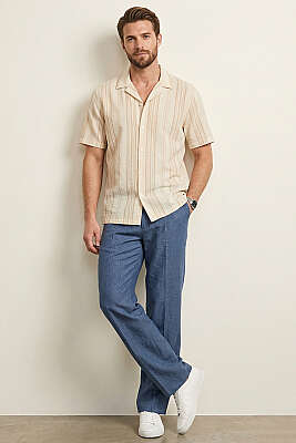 Yarı Oversize Çizgili Erkek Gömlek Kiremit - Erkek Gömlek