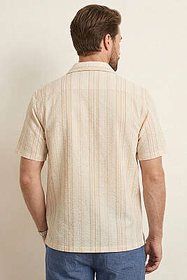 Yarı Oversize Çizgili Erkek Gömlek Kiremit - Erkek Gömlek