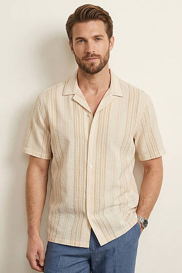 Yarı Oversize Çizgili Erkek Gömlek Kiremit - Yılın Fırsatı