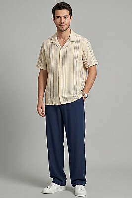 Yarı Oversize Çizgili Erkek Gömlek Mavi - Erkek Gömlek