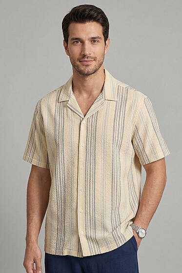 Yarı Oversize Çizgili Erkek Gömlek Mavi - Yılın Fırsatı