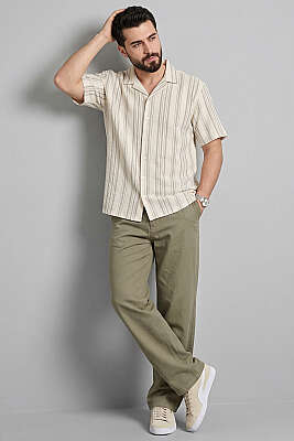 Yarı Oversize Çizgili Erkek Gömlek Siyah - Erkek Gömlek