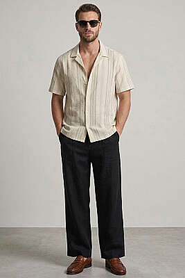 Yarı Oversize Çizgili Erkek Gömlek Yeşil - Erkek Gömlek