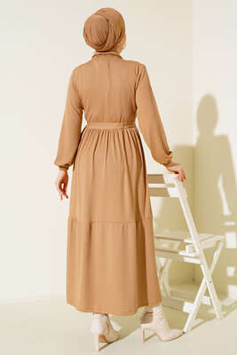 Yarı Patlı Bel Bağlamalı Elbise Camel - Thumbnail