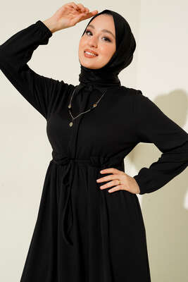 Yarı Patlı Bel Bağlamalı Elbise Siyah - Thumbnail