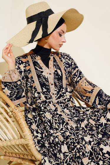 Yarı Patlı Desenli Elbise Bej - Elbise