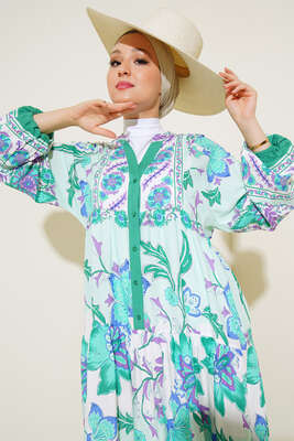 Yarı Patlı Desenli Elbise Benetton - Thumbnail
