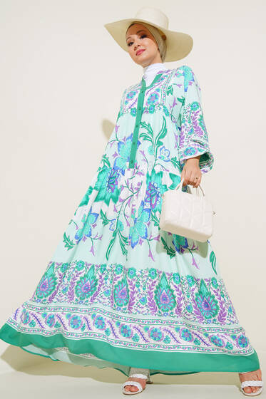 Yarı Patlı Desenli Elbise Benetton - Tesettür Elbise