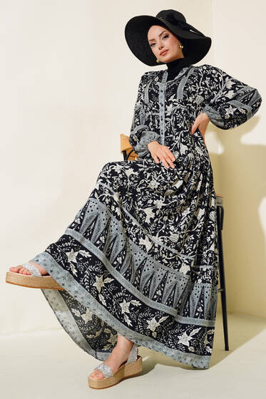 Yarı Patlı Desenli Elbise Gri - Elbise