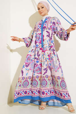 Yarı Patlı Desenli Elbise İndigo - Thumbnail