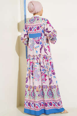 Yarı Patlı Desenli Elbise İndigo - Thumbnail
