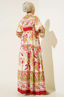 Yarı Patlı Desenli Elbise Kiremit - Thumbnail