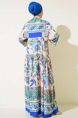 Yarı Patlı Desenli Elbise Saks - Thumbnail