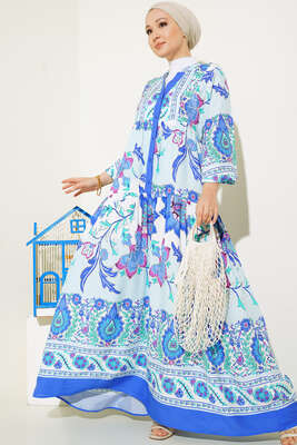 Yarı Patlı Desenli Elbise Saks Mavi - Thumbnail