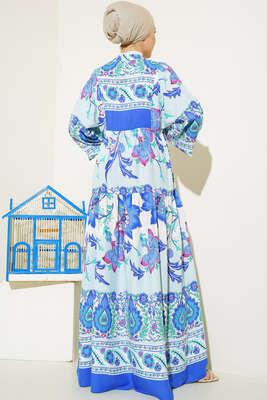 Yarı Patlı Desenli Elbise Saks Mavi - Thumbnail