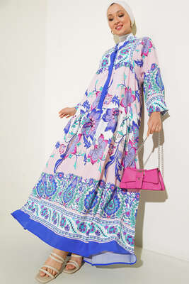 Yarı Patlı Desenli Elbise Saks Pudra - Thumbnail
