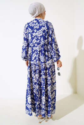  Yarı Patlı Kolu Ucu Lastikli Elbise Indıgo - Tesettür Elbise