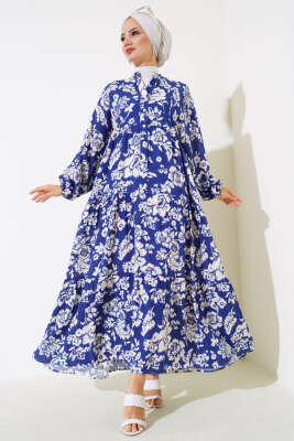  Yarı Patlı Kolu Ucu Lastikli Elbise Indıgo 