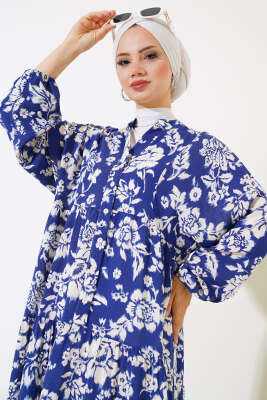  Yarı Patlı Kolu Ucu Lastikli Elbise Indıgo - Tesettür Elbise