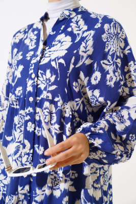  Yarı Patlı Kolu Ucu Lastikli Elbise Indıgo - Tesettür Elbise