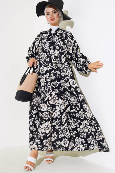  Yarı Patlı Kolu Ucu Lastikli Elbise Siyah - Elbise